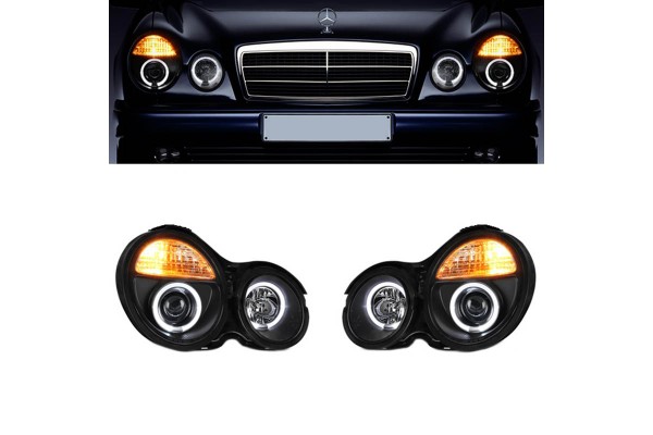 Μπροστινά Φανάρια Set Για Mercedes-Benz E-Class W210 99-02 Angel Eyes Μαύρα H7/H1 Manual Sonar