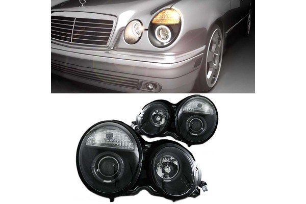 Μπροστινά Φανάρια Set Για Mercedes-Benz E-Class W210 95-99 Angel Eyes Μαύρα H7/H1 Manual Sonar