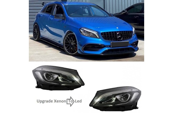 Μπροστινά Φανάρια Set Για Mercedes-Benz A-Class W176 12-18 Xenon Upgrade Σε Facelift Look Μαύρα Full Led Drl Με Μοτέρ Carner