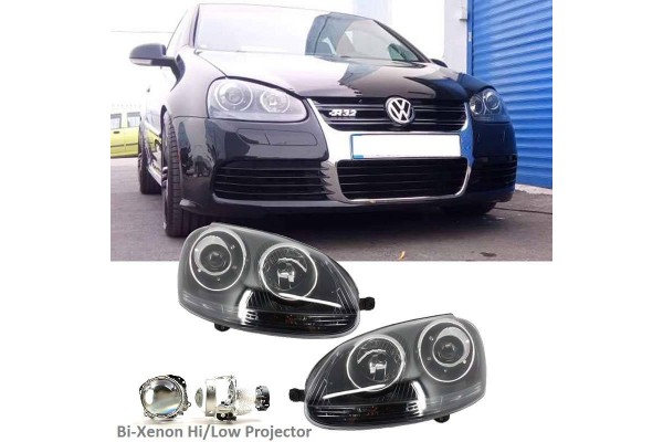 Μπροστινά Φανάρια Set Για Vw Golf V (5) 03-08 Bi-Xenon Projectors Gti / R32 Look Μαύρα H7/H7 Με Μοτέρ & E-Mark Carner