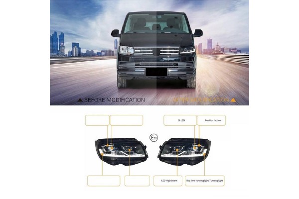 Μπροστινά Φανάρια Set Για Vw Transporter T6 15-20 Drl Full Led Μαύρα Με Μοτέρ Carner Με Δυναμικό Φλας