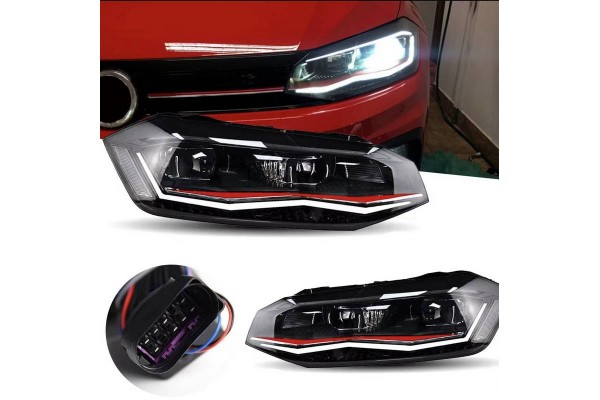 Μπροστινά Φανάρια Set Για Vw Polo Aw 17+ Drl Led Tube Gti Look Μαύρα Με Κόκκινη Γραμμή Upgrade Full Led With Motor Carner