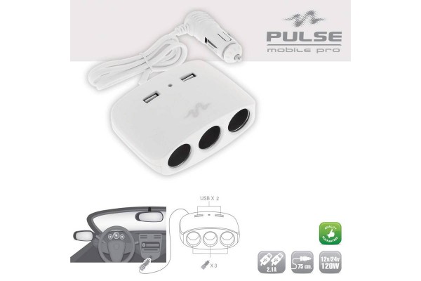 Προέκταση Αναπτήρα Τριπλή Με Δύο Usb Άσπρο Pulse Mobile MLS511W