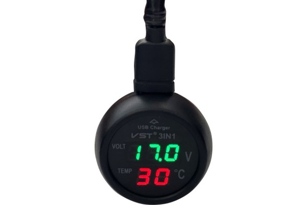 Βολτόμετρο, Θερμόμετρο Και Φορτιστής Αυτοκινήτου Με Usb Μαύρο Με Κόκκινα Και Πράσινα Νούμερα 1Τμχ