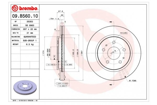 BREMBO Δισκόπλακα Αεριζόμενη 09.B560.10