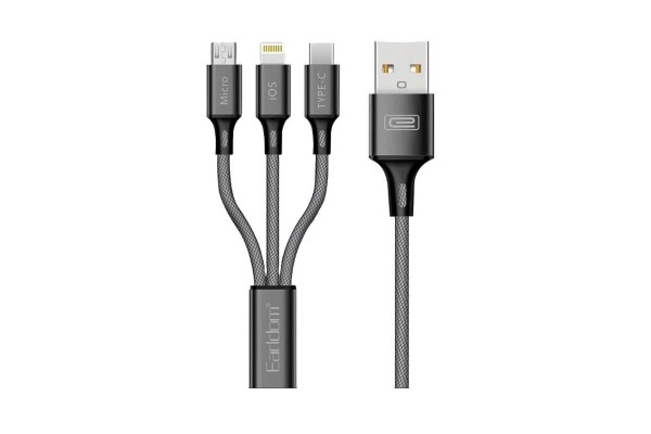Καλώδιο Φόρτισης Και Μεταφοράς Δεδομένων Usb Earldom EC-IMC017 3 In 1 Carbon 1.2m 1 Τεμάχιο