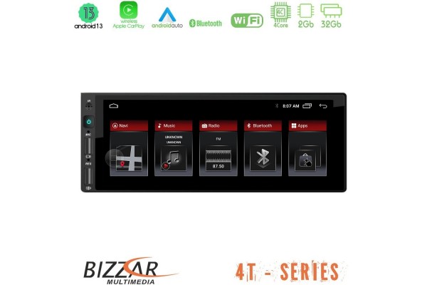 Bizzar 1Din 4T Series 4Core Android 13 2+32GB Navigation Multimedia 6.9"