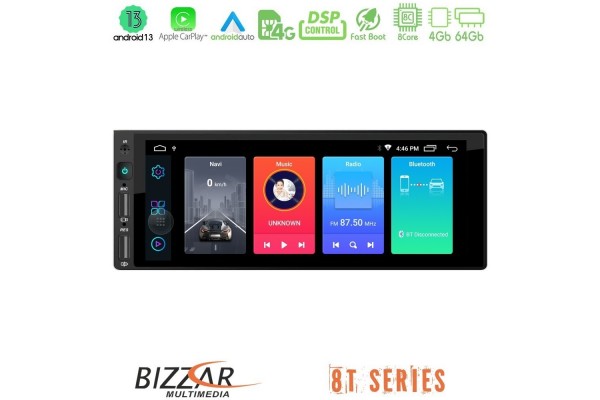 Bizzar 1Din 8T Series 8Core Android13 4+64GB Navigation Multimedia 6.9"