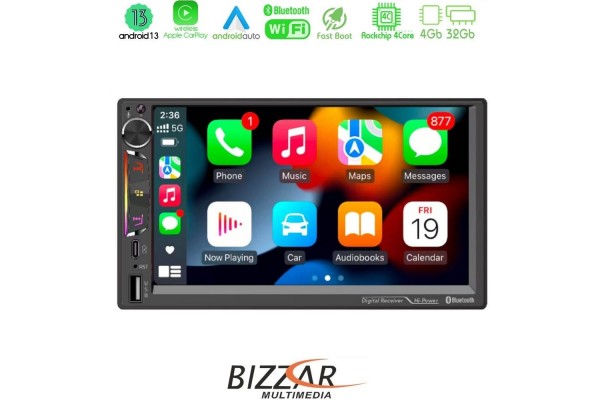 Bizzar 2DIN Deck 4core Android13 4+32GB Navigation Multimedia Deckless 7" Με Carplay/AndroidAuto