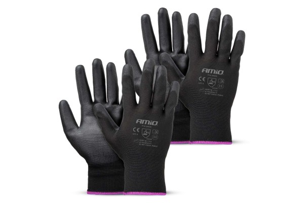 Amio - Γάντια Εργασίας Ελαστικά Με Επικάλυψη Πολυουρεθάνης Χρώμα Μαύρο Μέγεθος No.11 - 2 ζευγ. (04634/AM)