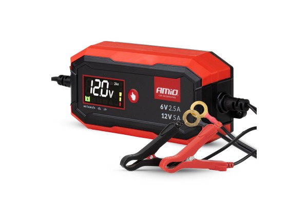 Amio - Φορτιστής Μπαταρίας Ψηφιακός Pro Agm Gel LiFePo4 (LFP) Τάση Λειτουργίας 6/12V Ένταση Ρεύματος 5A Για Επιβατικά Αυτοκίνητα Και Μοτοσυκλέτες - 1 τεμ. (04527/AM)