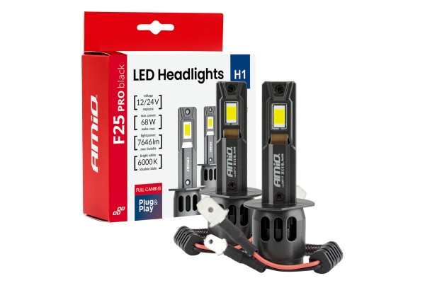 Amio - Λαμπτήρες Led F25 Pro Black Edition H1 68W 12-24V Full Can Bus Με Φωτεινότητα 7646lm Σε Ψυχρό Λευκό 6000K Για Επιβατικά Αυτοκίνητα & Φορτηγά - Σετ 2 τεμ. (04717/AM) Amio - Λαμπτήρες Led F25 Pro Black Edition H1 68W 12-24V Full Can Bus Με Φωτεινότητα 7646lm Σε Ψυχρό Λευκό 6000K Για Επιβατικά Αυτοκίνητα & Φορτηγά - Σετ 2 τεμ. (04717/AM)