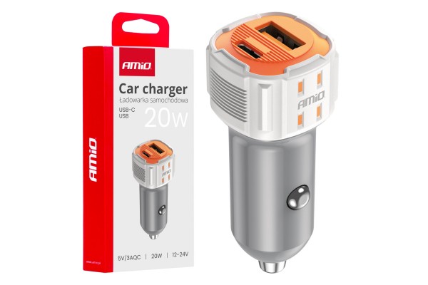 Φορτιστης Αναπτηρα 12/24V Με 2 Θυρες USB-C+USB 20W 5V/3AQCΤΑΧΕΙΑΣ Φορτισης Λευκος Amio - 1 Τεμ.
