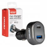 Φορτιστης Αναπτηρα Με 2 Θυρες USB-C+USB-A Quick Charge 3.0 30W Με Βολτομετρο Μαυρο Amio - 1 Τεμ.