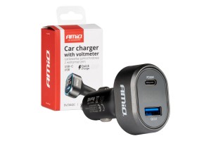 Φορτιστης Αναπτηρα Με 2 Θυρες USB-C+USB-A Quick Charge 3.0 30W Με Βολτομετρο Μαυρο Amio - 1 Τεμ.