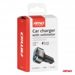 Φορτιστης Αναπτηρα Με 2 Θυρες USB-C+USB-A Quick Charge 3.0 30W Με Βολτομετρο Μαυρο Amio - 1 Τεμ.