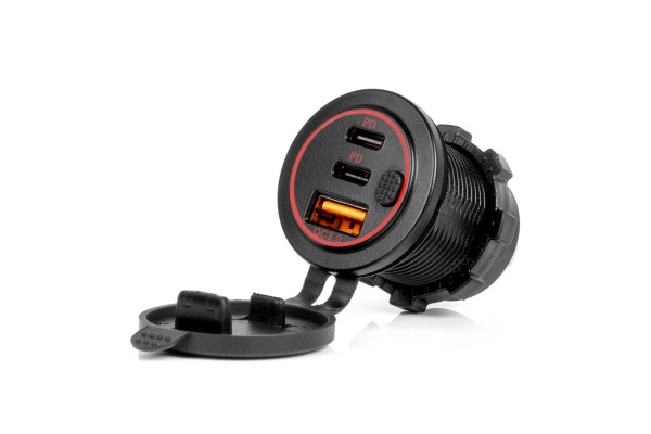 Πριζα Με 3 ΘΥΡΕΣ(USB+2xUSB-C) Με Διακοπτη Και Καπακι 12/24V Quick Charge 3.0 Αδιαβροχη Μαυρη Amio - 1 Τεμ.