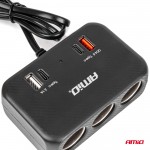 Ανταπτορας Αναπτηρα 12/24V 120W ΜΑΥΡΟΣ/3 ΘΕΣΕΙΣ/1xUSB-A+1xUSB-C Qc 4.0 Ταχειας ΦΟΡΤΙΣΗΣ/ΚΑΛΩΔΙΟ 80cm Amio - 1 Τεμ.