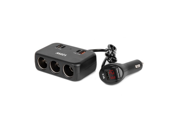 Ανταπτορας Αναπτηρα 12/24V 120W Ψηφιακος ΜΑΥΡΟΣ/3 ΘΕΣΕΙΣ/2xUSB-A + 1xUSB-C Qc 4.0ΜΕ Καλωδιο 80cm Amio - 1 Τεμ.