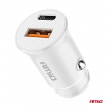 Φορτιστης Αναπτηρα 12/24V Με 2 Θυρες USB-C+USB 20W 5V/3AQC Ταχειας Φορτισης Λευκος Amio - 1 Τεμ.