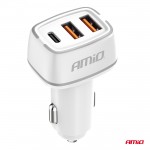 Φορτιστης Αναπτηρα 12/24V Με 3 Θυρες USB-C+2xUSB 32W 5V/3AQC Ταχειας Φορτισης Λευκος Αμιο - 1 ΤΕΜ.