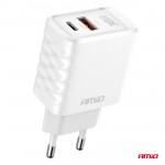 Φορτιστης Με Οικιακη Πριζα Με 2 Θυρες USB-A+USB-C 38W 100-240V Λευκο Amio - 1 Τεμ.