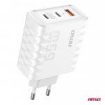 Φορτιστης Με Οικιακη Πριζα Με 3 Θυρες 2xUSB-C+USB-A 65W 100-240V Λευκο Amio - 1 Τεμ.