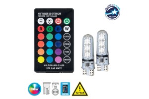 ΣΕΤ 2 Λάμπές Αυτοκινήτου T10 W5W LED 6 SMD 5050 2.5W 300lm 360° DC 12V IP20 με Ασύρματο Χειριστήριο IR RGBW