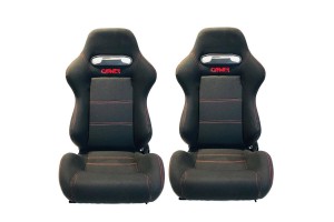 Καθίσματα Bucket Zeus Ύφασμα Μαύρα Με Κόκκινες Ραφές Και Carner Logo Ζευγάρι 2 Τεμαχίων