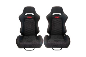 Καθίσματα Bucket Zeus Δερματίνη/Suede Alcantara Μαύρο Με Κόκκινες Ραφές Και Carner Logo Ζευγάρι 2 Τεμαχίων