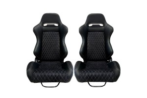 Καθίσματα Bucket Zeus Δερματίνη/Suede Alcantara Μαύρο Με Άσπρες Ραφές Σετ 2 Τεμαχίων