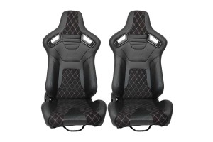 Καθίσματα Bucket R8 Δερματίνη Μαύρα Με M-Power Tri-Color Ραφές Καπιτονέ Ζευγάρι 2 Τεμαχίων