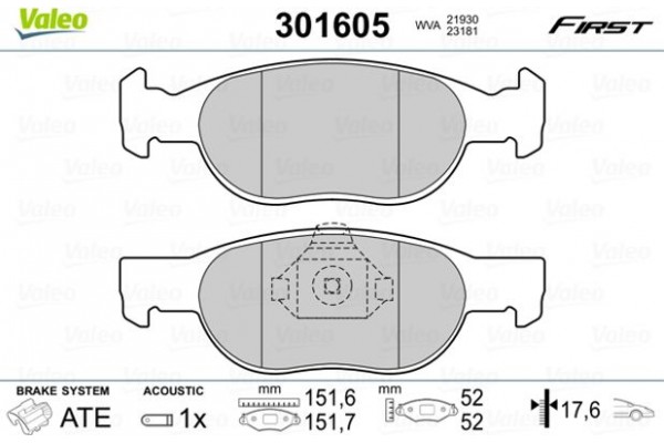 Valeo Σετ τακάκια, Δισκόφρενα - 301605